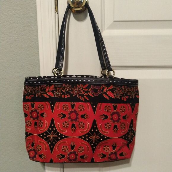 Isabella Fiori Beaded Sequined Canvas Leather Black Red Handbag Tote Bag - Picture 3 of 16